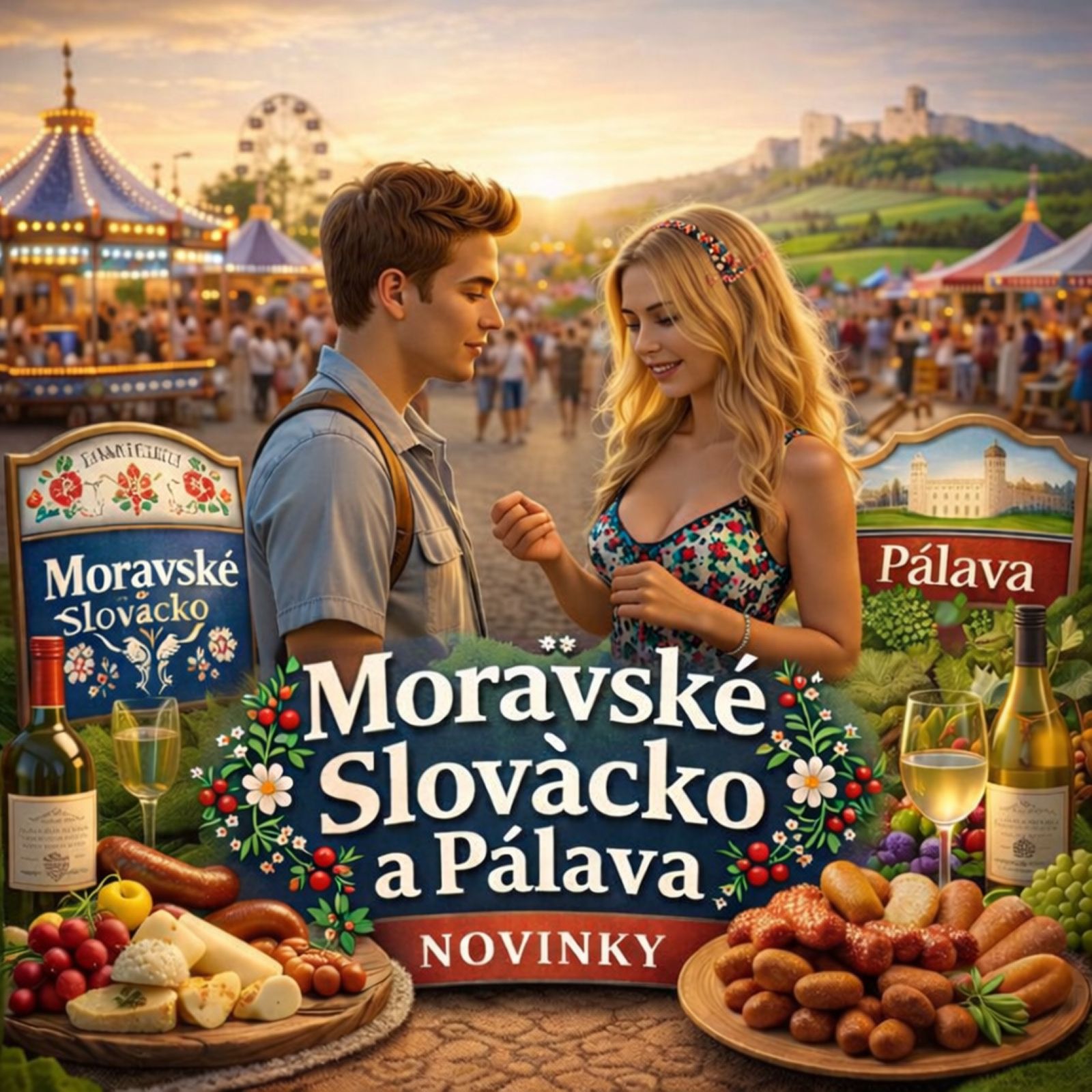 Mladý pár si užívá moravské víno a delikatesy na Slovácku a Pálavě. Banner s textem: Moravské Slovácko a Pálava - NOVINKY.